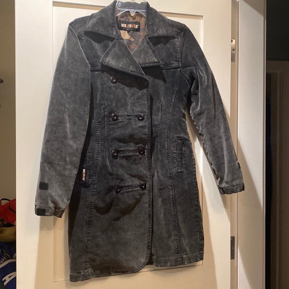 Whatever jeans corduroy jacket. Size small. Longer coat to cover your backside.